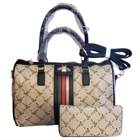 Classic Boston Style Handbag with Wallet - Beige and Black - Picture 1 of 6